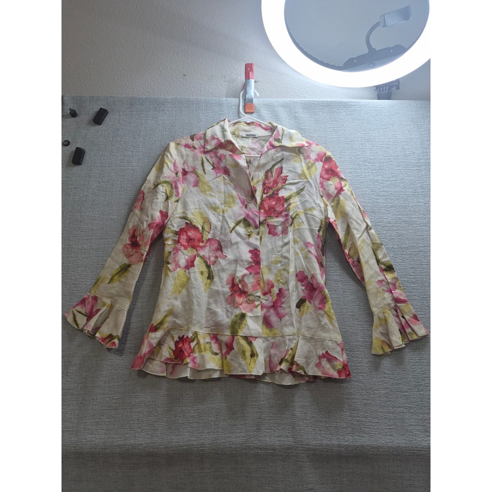 Emanuelli Blouse Top Womens White Floral Peplum Hem Bell Sleeve Streetwear